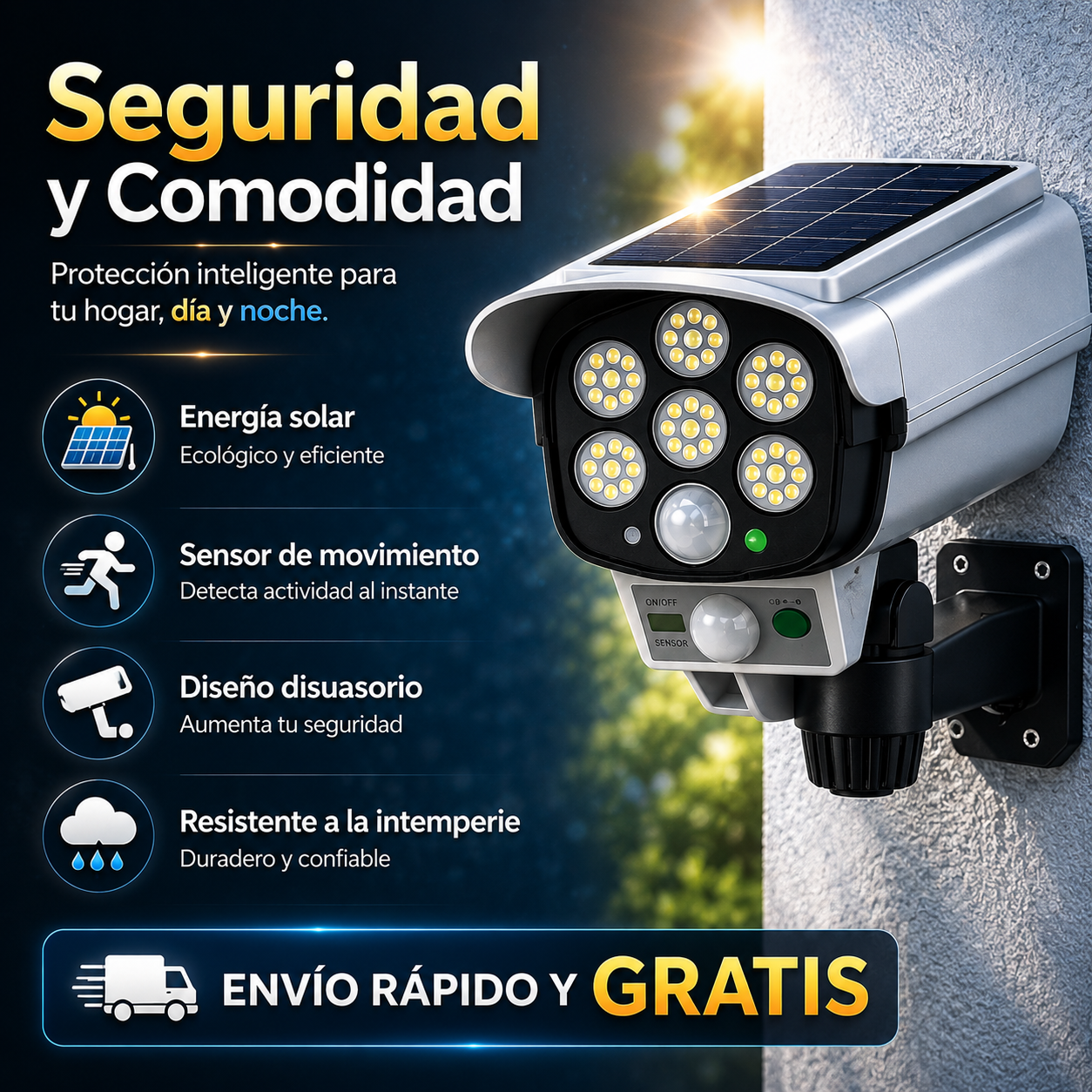 Foco Solar tipo Cámara - Ilumina y Disuade Intrusos al Instante